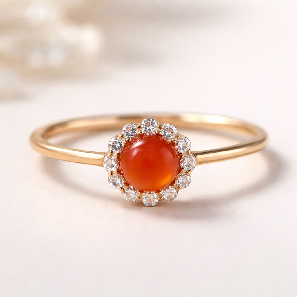 A women's ring. un colier fin avec une petite pierre de cornaline entourée de petite 7petites pierre qui définissent la courage
A women's ring. un colier fin avec une petite pierre de cornaline entourée de petite 7petites pierre qui définissent la courage, modern style