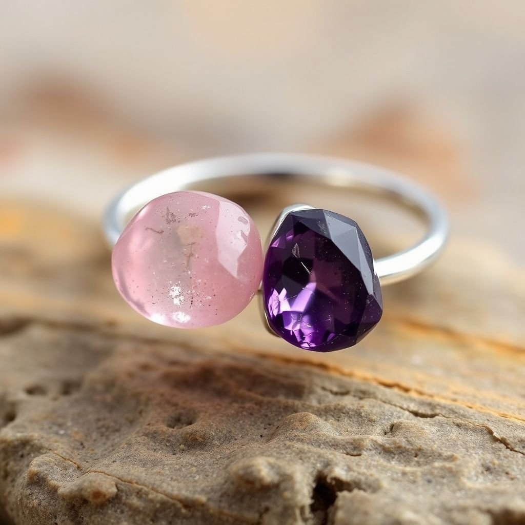 Craft a minimalist silver adjustable ring that delicately embraces the finger. Feature two striking raw natural gemstones—allowing their organic textures and colors to stand out. The design exudes earthy elegance, merging modern style with raw, untamed nature.