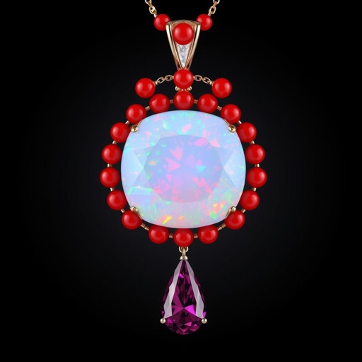 Opal-cut, 15 carat red coral, drop-cut, 15 carat ruby FI IF