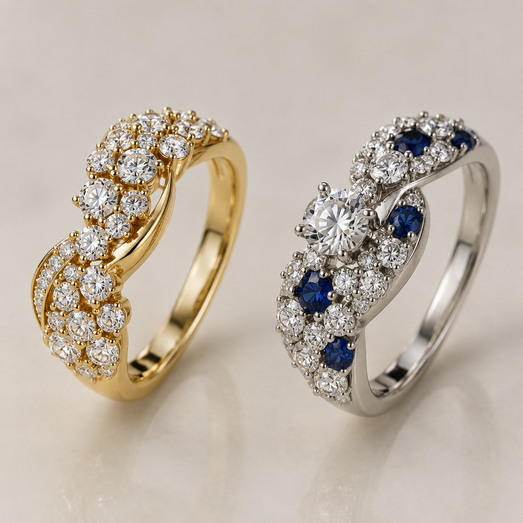 A women's ring. Make two rings. one ring should be in yellow gold with 34 cluster diamonds. the second ring should be in white gold with 33 cluster diamonds, 7 sapphires, and one solitaire diamond.
photorealistic jewelry design, A women's ring. Make two rings. one ring should be in yellow gold with 34 cluster diamonds. the second ring should be in white gold with 33 cluster diamonds, 7 sapphires, and one solitaire diamond., modern style, just the design no text