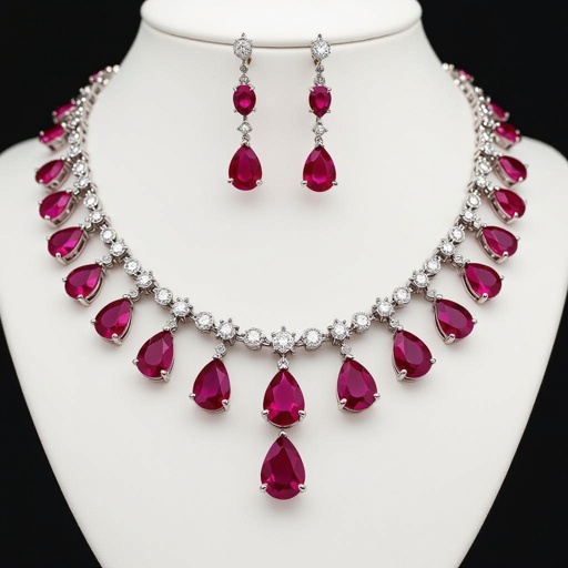 luxury necklace style and luxury earring set Platinum necklace, ruby pear drops, diamond accents, prong setting. Matching platinum earrings, ruby pear drops, diamond accents, prong setting.