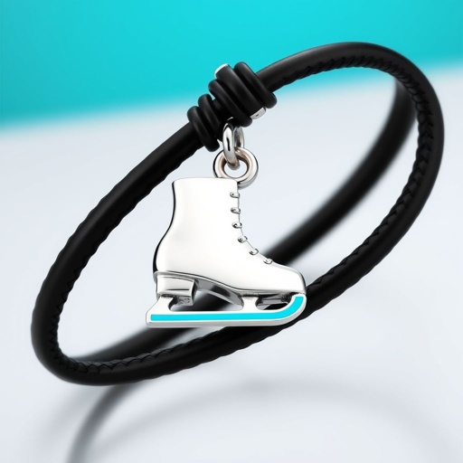 Bracelet black leather with silver ice skate and turquoise stripe inside the low thin part blade
