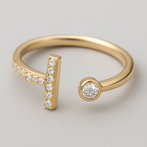 Pave T bar ring with diamond on one side disconnected
