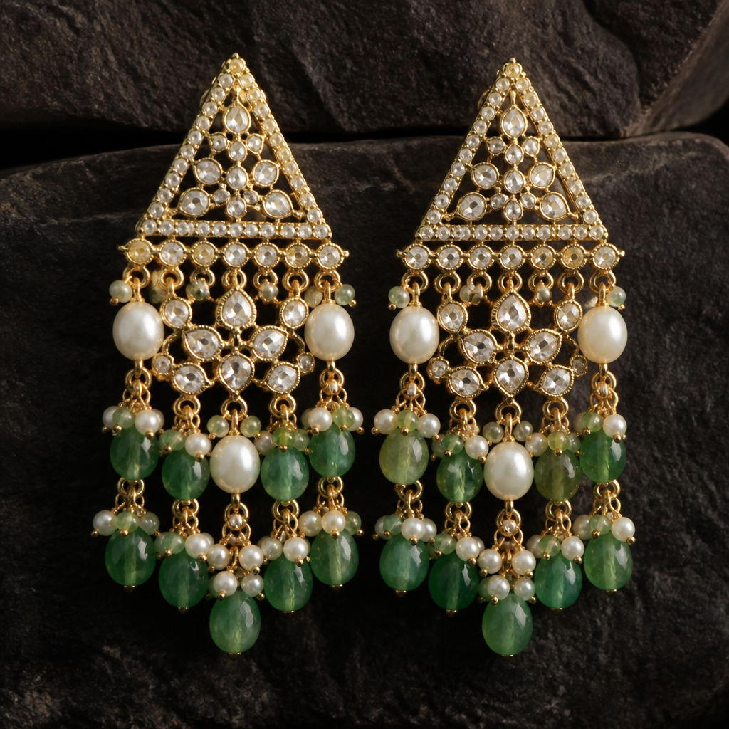It should have traingle upper design with white stones and bunch as combined with white and green
photorealistic jewelry design, It should have traingle upper design with white stones and bunch as combined with white and green
, heritage style, just the design no text