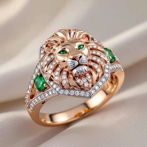 Contemporary Geometric lion ring of rose gold and white goldGeomatricw lion of architecture shape and edge of diamonds and emerlad of rose gold 