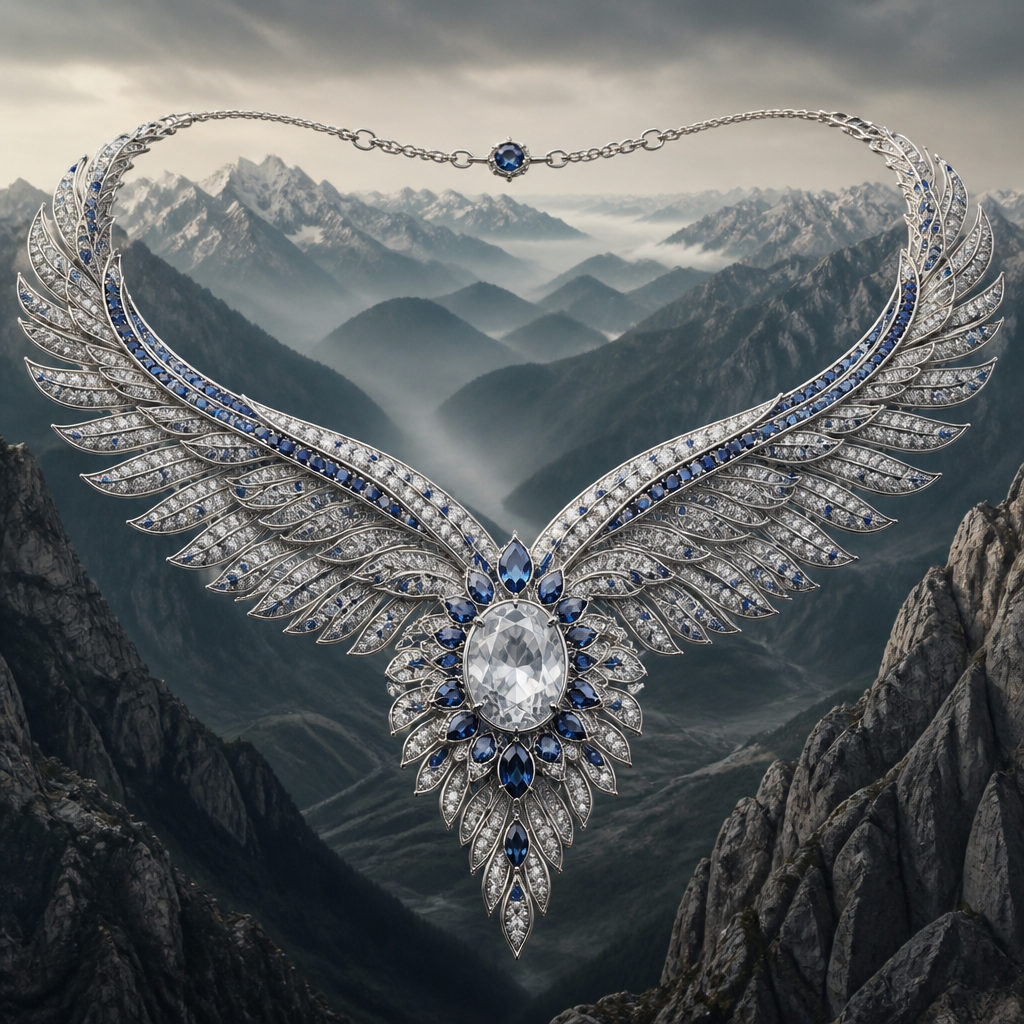 A art deco women's necklace made of silver with sapphire stones suitable for festival, detailed and decorative, moderately ornate. یه گردنبند با سنگ سفید در وسط کوه ها در کنار و در کنارکوه ها فقط بال سیمرع باشه بدون تن سیمرغ انتهای بال برسه به قفل پشت گردنبند
photorealistic jewelry design, A art deco women's necklace made of silver with sapphire stones suitable for festival, detailed and decorative, moderately ornate. یه گردنبند با سنگ سفید در وسط کوه ها در کنار و در کنارکوه ها فقط بال سیمرع باشه بدون تن سیمرغ انتهای بال برسه به قفل پشت گردنبند, art_deco style, just the design no text