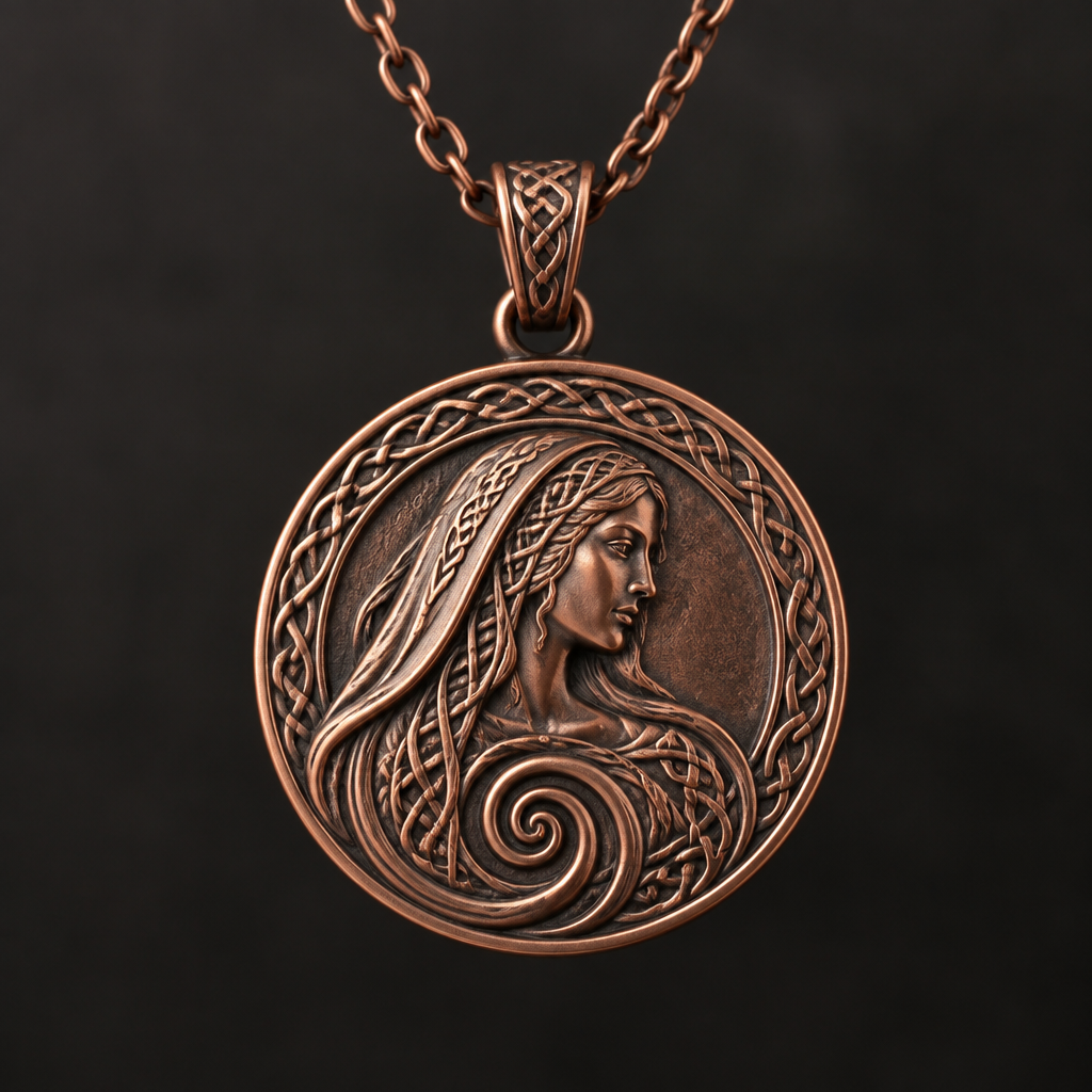 A celtic women's necklace made of copper suitable for daily wear. a spiral with a android woman with vail on a coin style
photorealistic jewelry design, A celtic women's necklace made of copper suitable for daily wear. a spiral with a android woman with vail on a coin style, celtic style, just the design no text