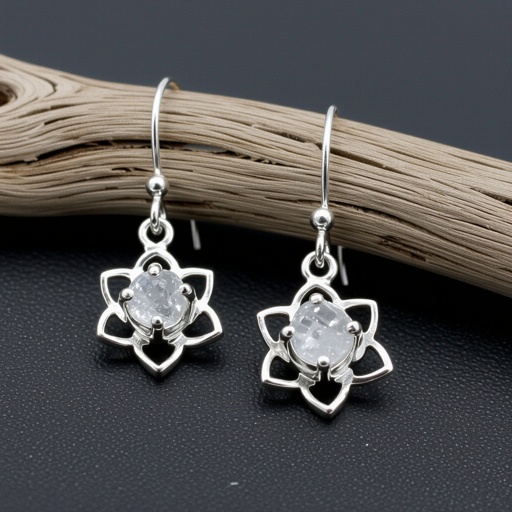 Серьги серебро изящный маленький лотос с необработанным хрусталем в центре