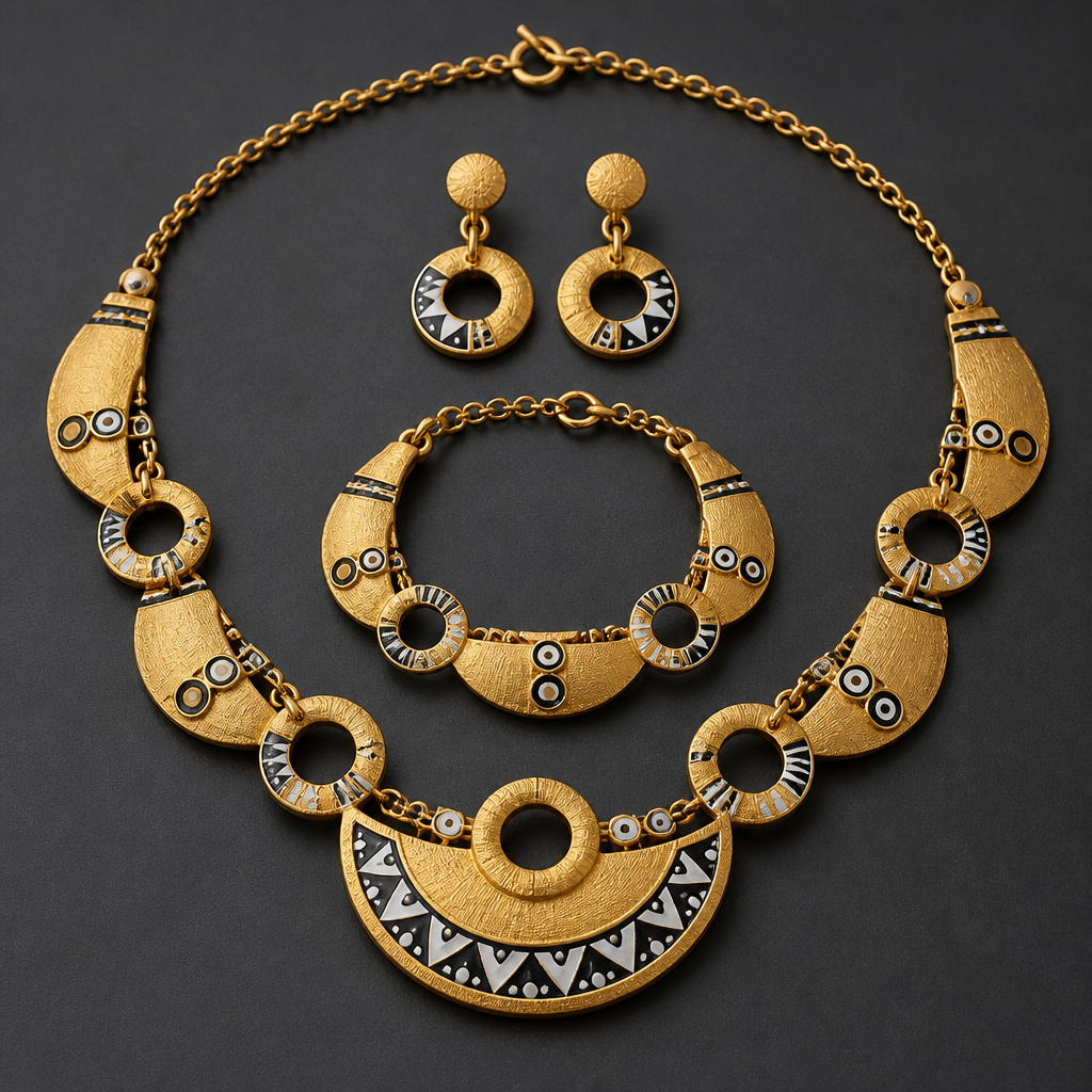 Prompt: A luxurious 21k gold jewelry set consisting of a necklace, bracelet, and earrings. The design is a sophisticated blend of semicircles and circular rings. The gold has a rich, deep yellow color with a distinct matte texture and soft satin finish. Decorated with intricate, delicate enamel work (enameling) in contrasting solid black and pure white colors. High-end jewelry design, professional macro photography, soft studio lighting highlighting the matte gold texture and sharp enamel details, minimalist dark grey background, 8k resolution. --ar 4:3 --v 6.0