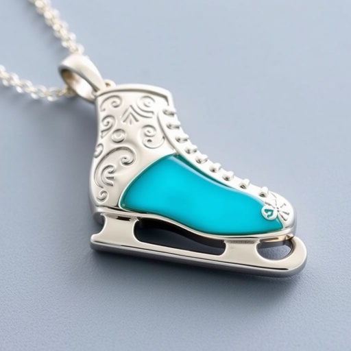 Silver Pendant shape one ice skate with turquoise stripe inside the low thin part blade