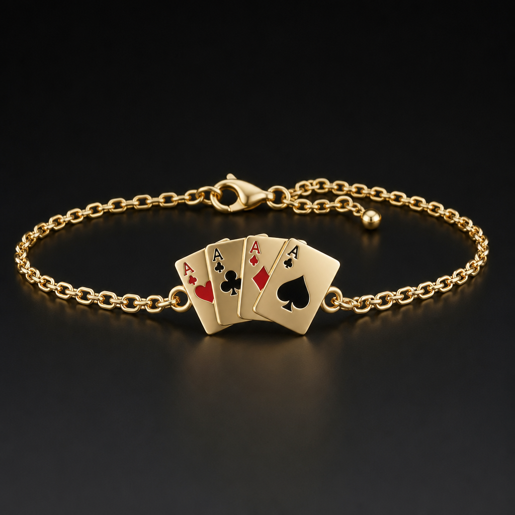 A classic women's bracelet made of gold. una pulsera con emblema de poker de Ases