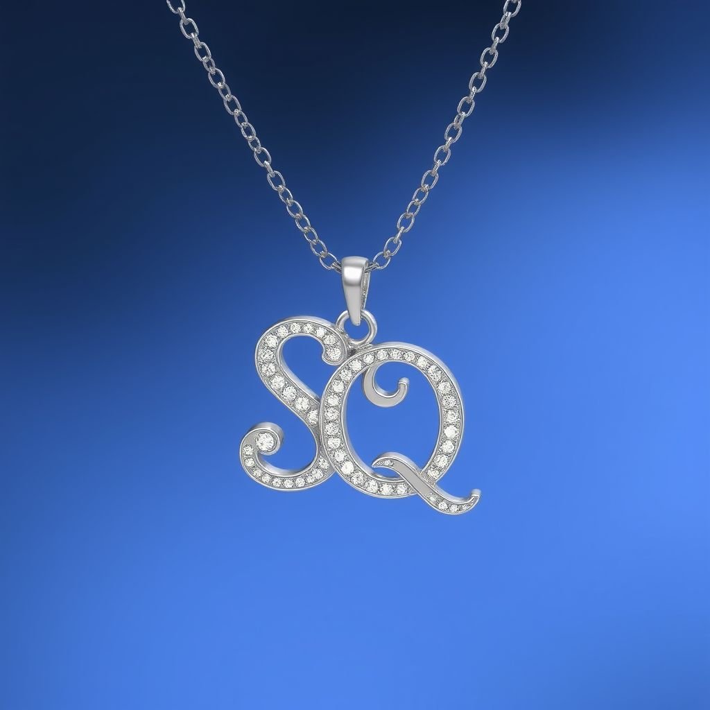silver necklace with the pendant in conjoined letters SQ with white  stones. Make it cute and simple 