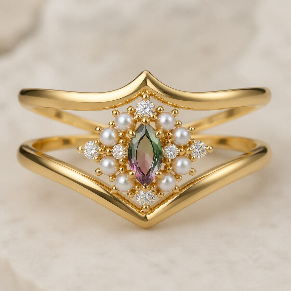 Two solid gold v bands with multi color stone in the middle surrounded pearls and white diamonds
photorealistic jewelry design, Two solid gold v bands with multi color stone in the middle surrounded pearls and white diamonds , bohemian style, just the design no text