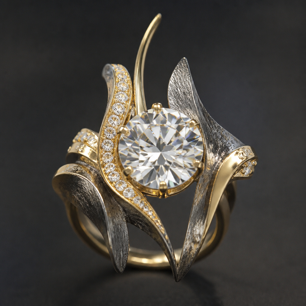 A avant-garde women's ring made of mixed metal with diamond stones suitable for festival. An extraordinary excellent beautiful delicate and elegant solitaire women ring. Face of the ring.
photorealistic jewelry design, A avant-garde women's ring made of mixed metal with diamond stones suitable for festival. An extraordinary excellent beautiful delicate and elegant solitaire women ring. Face of the ring., avant_garde style, just the design no text