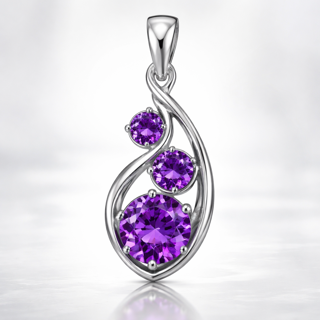 Three round amethyst gems, two small and one larger gemstones in a silver pendant