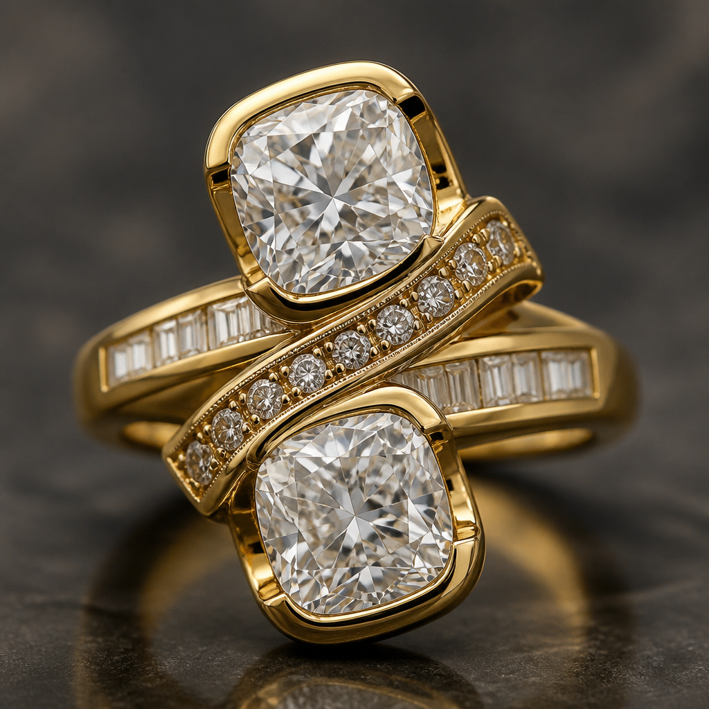 A art deco women's ring made of gold with diamond stones suitable for engagement. vintage-style crossover engagement ring featuring two 2 carat, cushion-cut diamonds in a gold tension setting
photorealistic jewelry design, A art deco women's ring made of gold with diamond stones suitable for engagement. vintage-style crossover engagement ring featuring two 2 carat, cushion-cut diamonds in a gold tension setting, art_deco style, just the design no text