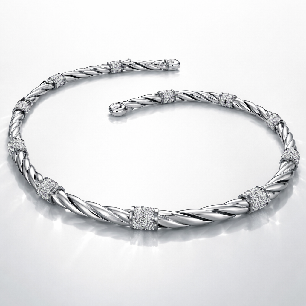 A flexible necklace which is not rigid and inspired by a twisted round wire and it has links that connected the small pieces with eachothe and it has diamondr