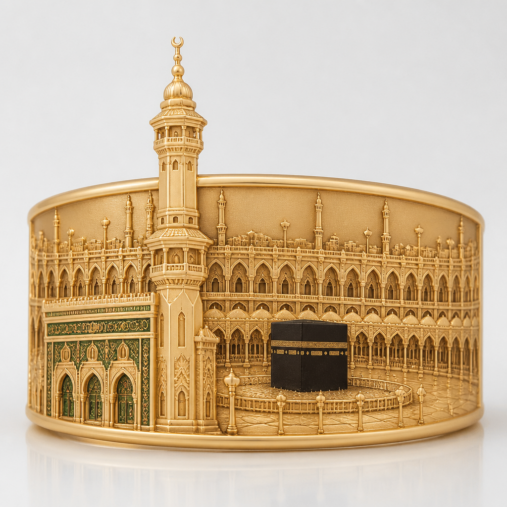 . Refinement: Refine this ring for architectural accuracy to the real King Abdulaziz Gate (Bab al-Malik Abdulaziz) of Masjid al-Haram, Mecca. Use real reference photographs of this gate and of the Grand Mosque for correct proportions and detail.
Corrections required:
Minarets: Keep only ONE minaret, positioned on the left side of the ring face, rising tall in the foreground. Remove the central minaret and any extra minarets. The single minaret must match the real ones — octagonal white shaft, corbelled muezzin gallery with railing, bulbous onion cap, thin finial with a crescent.
Green royal gate: Keep the green-and-gold ornate gate on the left, beside the minaret, accurate to the photo: gray-marble framing, pointed (ogee) arches, gold cresting band, three arched doors at the base.
Kaaba: It currently floats out of context. Fix it so it sits properly grounded inside the mosque courtyard, correct scale, placed to the right of the minaret near the center but on a recessed plane (set back, behind the minaret). Plain matte cube with a single raised kiswah belt — integrated into the scene, not pasted on top.
Background: The current background is incoherent. Replace it with the King Abdullah Expansion (Saudi Third Expansion) of the Grand Mosque — the large modern arcaded façade with repeated pointed arches and slender minarets — as a clean low-relief backdrop spanning the full band, based on real photos.
Depth: Maintain three clear relief planes — foreground (minaret + green gate) sharp and high relief, Kaaba midground recessed, expansion background shallow and receding.
Keep it gold, keep the wrap-around skyline-band style, clean and historically accurate.
photorealistic jewelry design, . Refinement: Refine this ring for architectural accuracy to the real King Abdulaziz Gate (Bab al-Malik Abdulaziz) of Masjid al-Haram, Mecca. Use real reference photographs of this gate and of the Grand Mosque for correct proportions and detail.
Corrections required:
Minarets: Keep only ONE minaret, positioned on the left side of the ring face, rising tall in the foreground. Remove the central minaret and any extra minarets. The single minaret must match the real ones — octagonal white shaft, corbelled muezzin gallery with railing, bulbous onion cap, thin finial with a crescent.
Green royal gate: Keep the green-and-gold ornate gate on the left, beside the minaret, accurate to the photo: gray-marble framing, pointed (ogee) arches, gold cresting band, three arched doors at the base.
Kaaba: It currently floats out of context. Fix it so it sits properly grounded inside the mosque courtyard, correct scale, placed to the right of the minaret near the center but on a recessed plane (set back, behind the minaret). Plain matte cube with a single raised kiswah belt — integrated into the scene, not pasted on top.
Background: The current background is incoherent. Replace it with the King Abdullah Expansion (Saudi Third Expansion) of the Grand Mosque — the large modern arcaded façade with repeated pointed arches and slender minarets — as a clean low-relief backdrop spanning the full band, based on real photos.
Depth: Maintain three clear relief planes — foreground (minaret + green gate) sharp and high relief, Kaaba midground recessed, expansion background shallow and receding.
Keep it gold, keep the wrap-around skyline-band style, clean and historically accurate., just the design no text
