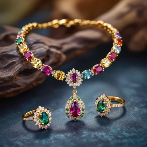 Necklace and ring and earring with luxury colorful jewel with gold