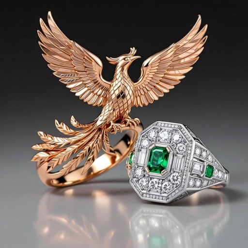 Geomatric rose gold and A platinum signet ring with phoenix printed on it for women Design a luxurious platinum signet ring that embodies the elegance of Art Deco style, featuring a striking phoenix rendered in intricate geometric patterns. Emphasize bold lines and symmetry, with contrasting finishes for depth. Adorn the ring with brilliant-cut diamonds and emeralds, capturing the spirit of rebirth and timeless sophistication. Rose gold geometric ring. Platinum signet ring with a phoenix. Platinum Art Deco signet ring with a phoenix, brilliant-cut diamonds, and emeralds.