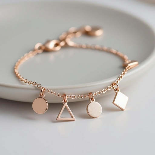 More cute, minimal and rose gold Chain bracelet with geometrical charms hanging
