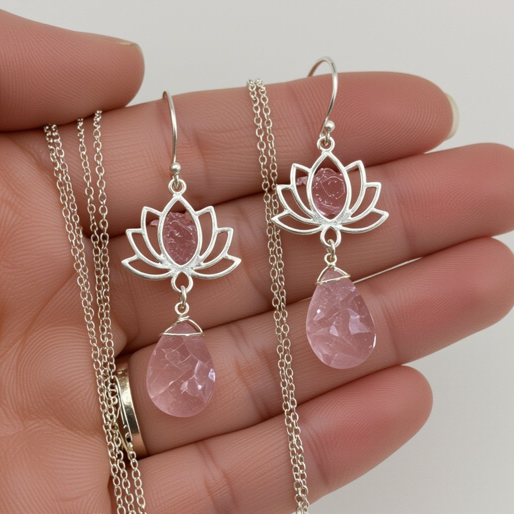 Светлое матовое золото. Серьги с лотосом на длинных цепочках. По центру лотоса камень необрабаботанного розового кварца, от лотоса идет цепочка с еще одним камнем кварца на конце. Серьги тонкие и легкие
