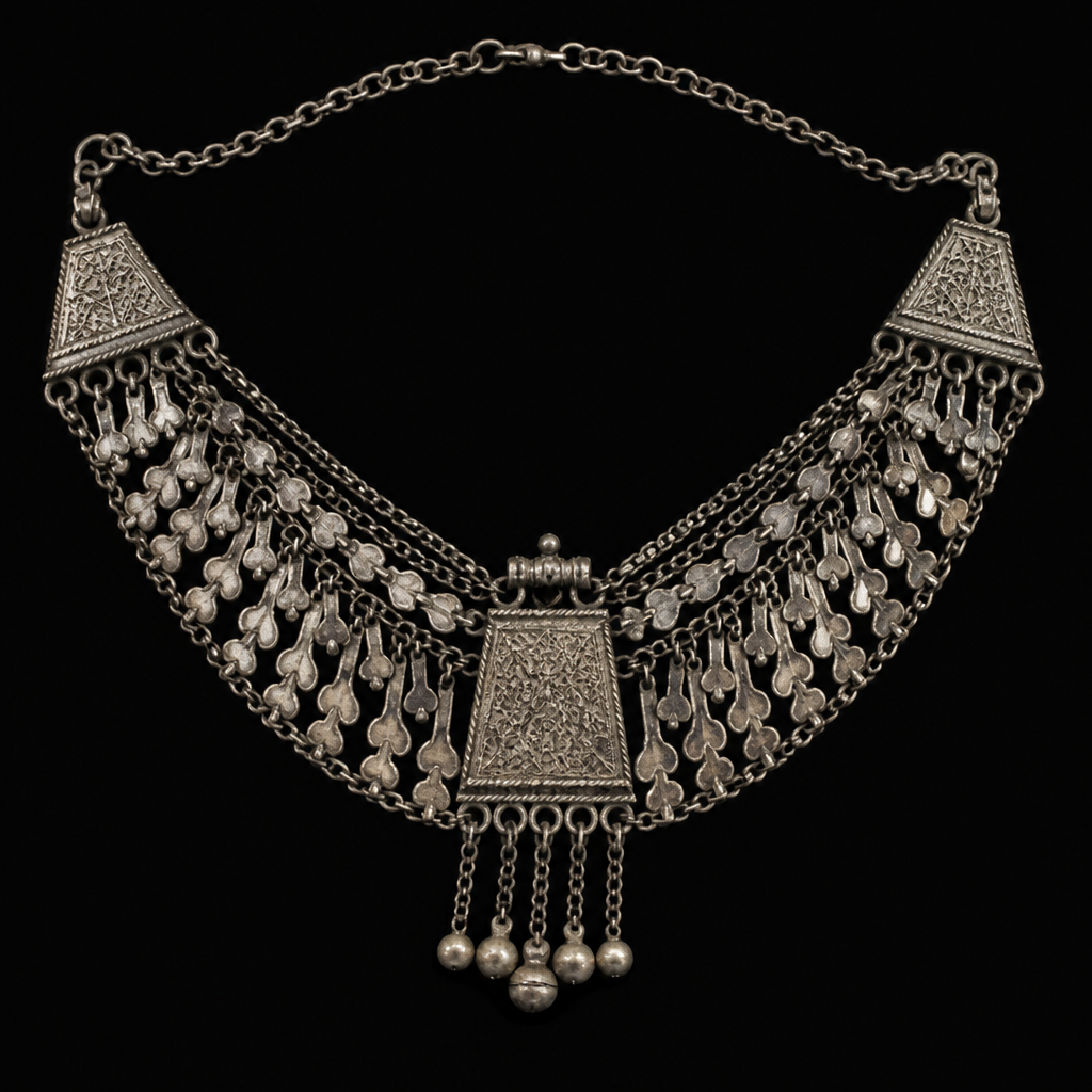 A vintage women's necklace made of silver. chichkan (Tunisian traditional jewelry)
photorealistic jewelry design, A vintage women's necklace made of silver. chichkan (Tunisian traditional jewelry), vintage style, just the design no text