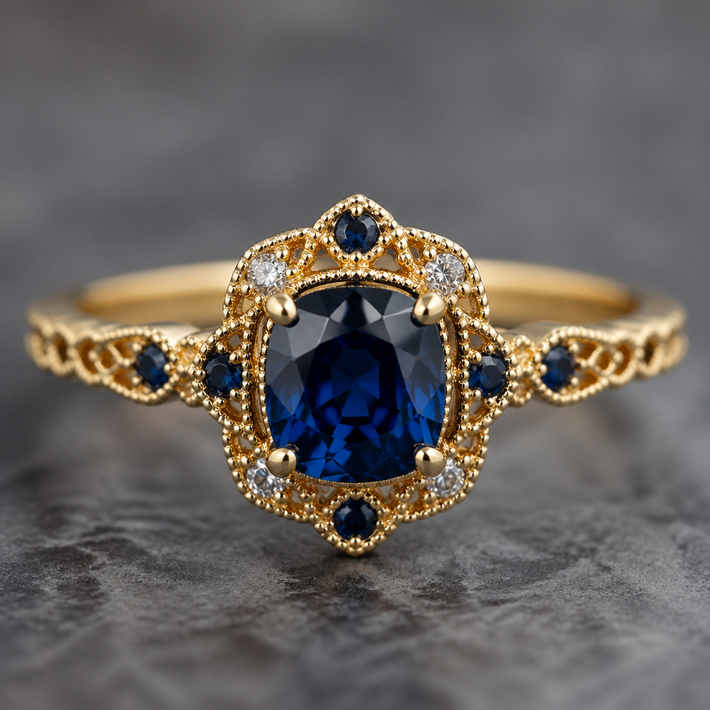 A vintage women's ring made of gold with sapphire stones suitable for engagement
photorealistic jewelry design, A vintage women's ring made of gold with sapphire stones suitable for engagement, vintage style, just the design no text