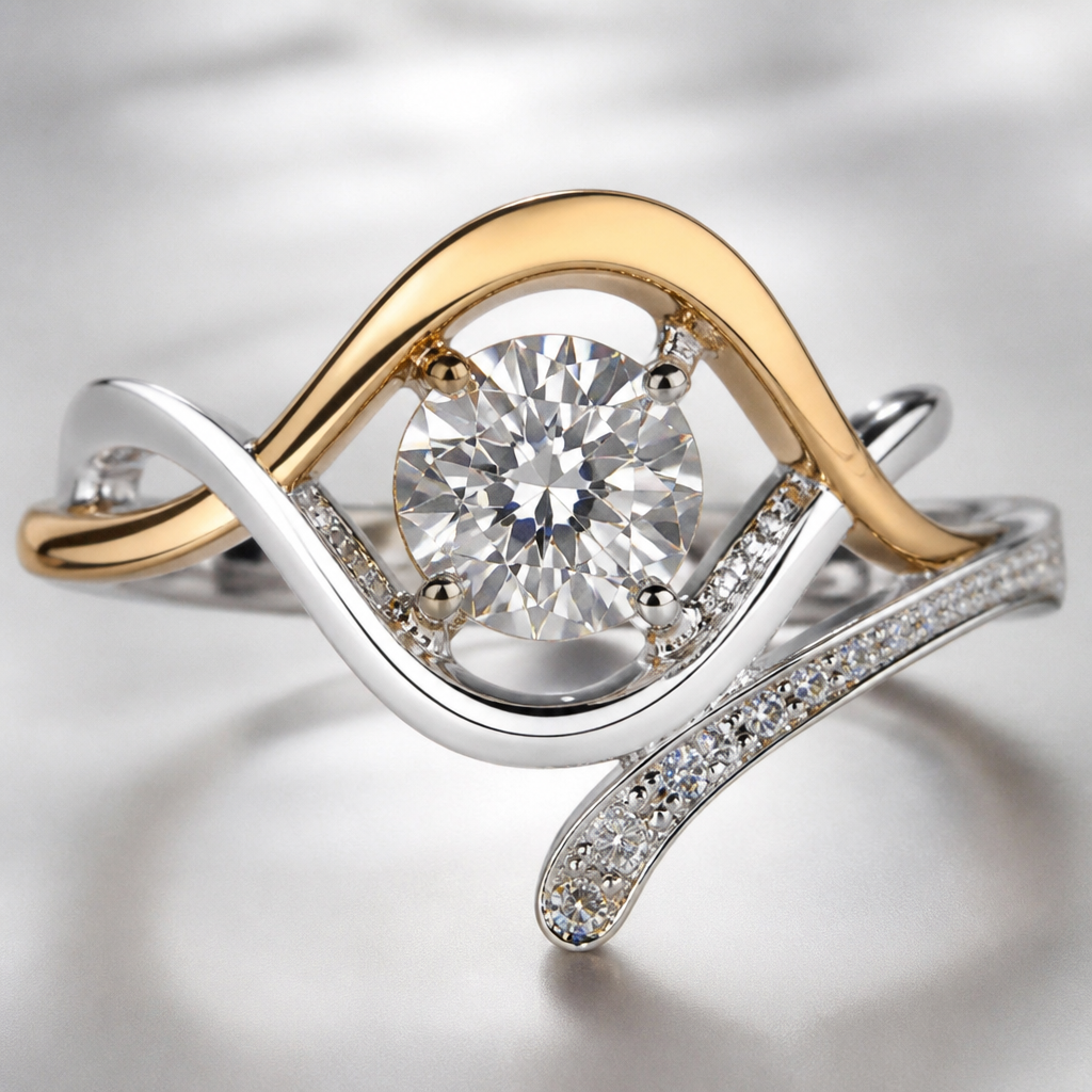 A avant-garde women's ring made of mixed metal with diamond stones suitable for festival. An extraordinary excellent beautiful delicate and elegant solitaire women ring. Face of the ring.
photorealistic jewelry design, A avant-garde women's ring made of mixed metal with diamond stones suitable for festival. An extraordinary excellent beautiful delicate and elegant solitaire women ring. Face of the ring., avant_garde style, just the design no text