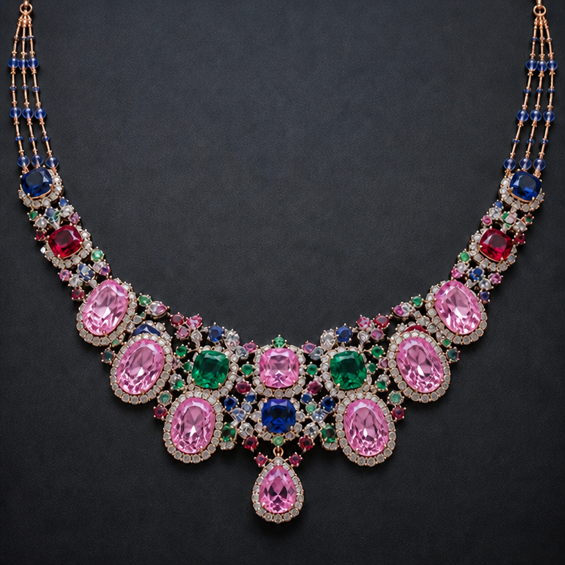 Make large pink diamonds on the outer rim
edit the attached jewelry design with these instructions: Make large pink diamonds on the outer rim. keep it photorealistic, just the design no text