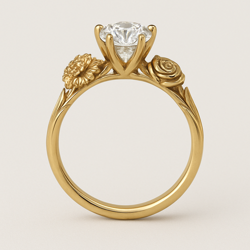 engagement ring with thin gold band that is even in width the entire way around. the ring has a cathedral setting. the band is a vintage style with one flower on each side extending the length of the ring by the stem. one flower is a carnation. the other flower is a rose. 