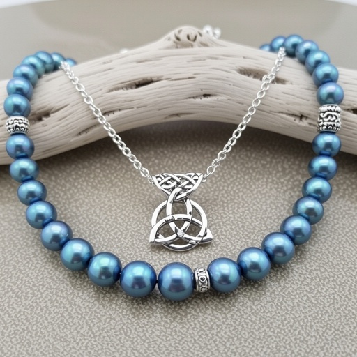 A freshwater blue sea Pearl Necklace with Celtic knots chains
