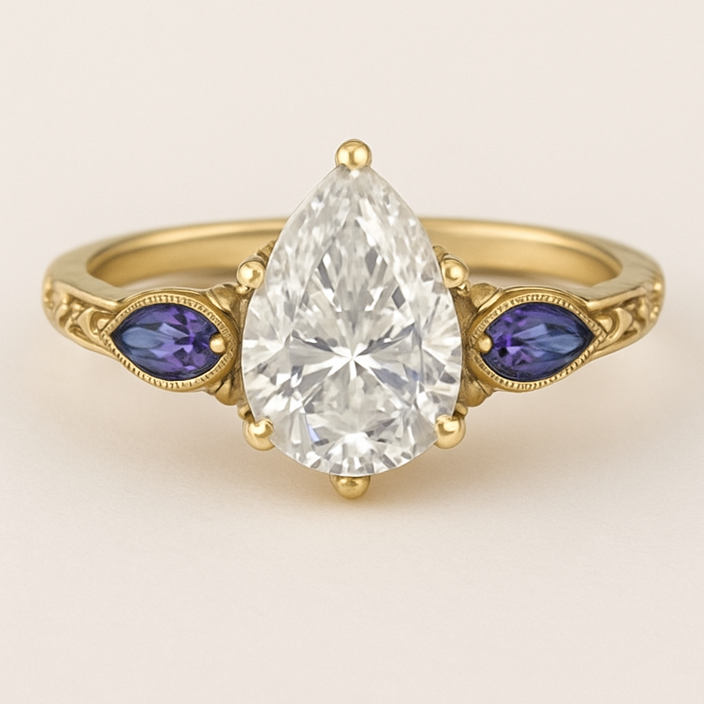 2 carat pear cut diamond with double claw prongs set in a yellow gold ring with marquise shaped alexandrite side stones full design from all angles