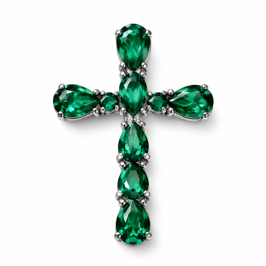 Pear cut emerald cross on 14k white gold with bale attached to the back and not shown