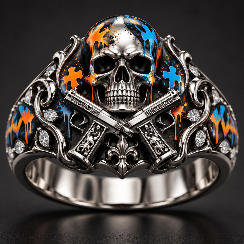 A gothic women's ring made of platinum suitable for formal. a skull with neon graffiti around the skull and pistols crossing
using the attached image as a visual reference, create A gothic women's ring made of platinum suitable for formal. a skull with neon graffiti around the skull and pistols crossing. photorealistic, just the design no text