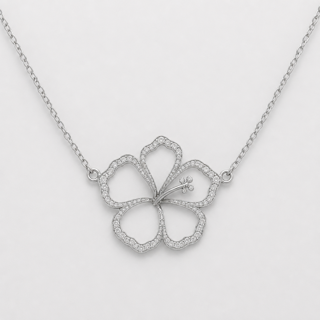A women's necklace made of silver. hibicus vu de coté ligne fine (diamand d'un coté des petales, toutes les petales) et delicat ,3 tres petit diamand dans le milieu au bout de la tige interieur de la fleur vide, plus detail, 5 petales chaine de chaque coté, tige qui ne depasse la fleur, eleguente
photorealistic jewelry design, A women's necklace made of silver. hibicus vu de coté ligne fine (diamand d'un coté des petales, toutes les petales) et delicat ,3 tres petit diamand dans le milieu au bout de la tige interieur de la fleur vide, plus detail, 5 petales chaine de chaque coté, tige qui ne depasse la fleur, eleguente, modern style, just the design no text