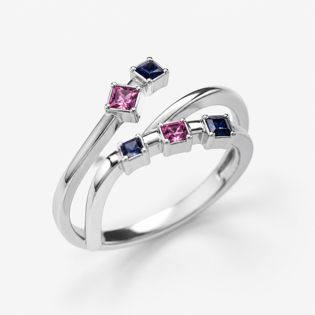 A modern women's ring made of white gold with sapphire stones. the yellow are actually pink and they are square stones , but not placed equal
photorealistic jewelry design, A modern women's ring made of white gold with sapphire stones. the yellow are actually pink and they are square stones , but not placed equal, modern style, just the design no text