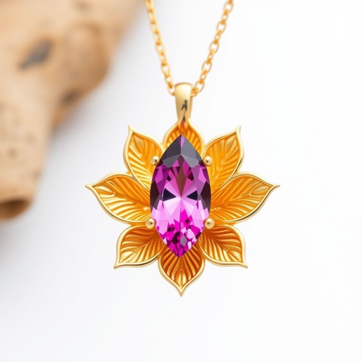 A everyday wear but delicate small gold necklace with a pink color gemstone in a marquise cut. All the details are delicate and they rappresent the petals of the flower lotus.