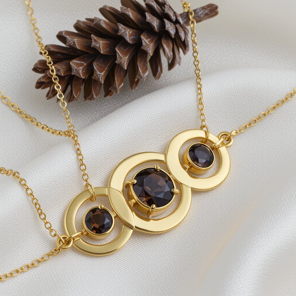 Подвеска из трех полумесяцев с узорами и камнями раухтопаза из матового неровного светлого золота с узорами соединенных цепочкой сверху самый широкий полукруг дальше средний и снизу самый маленький