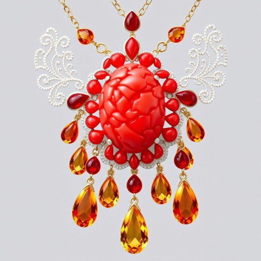 , 15 carat red coral Opal-cut, 15 carat drop-cut, citrine FI IF with Filigree chain