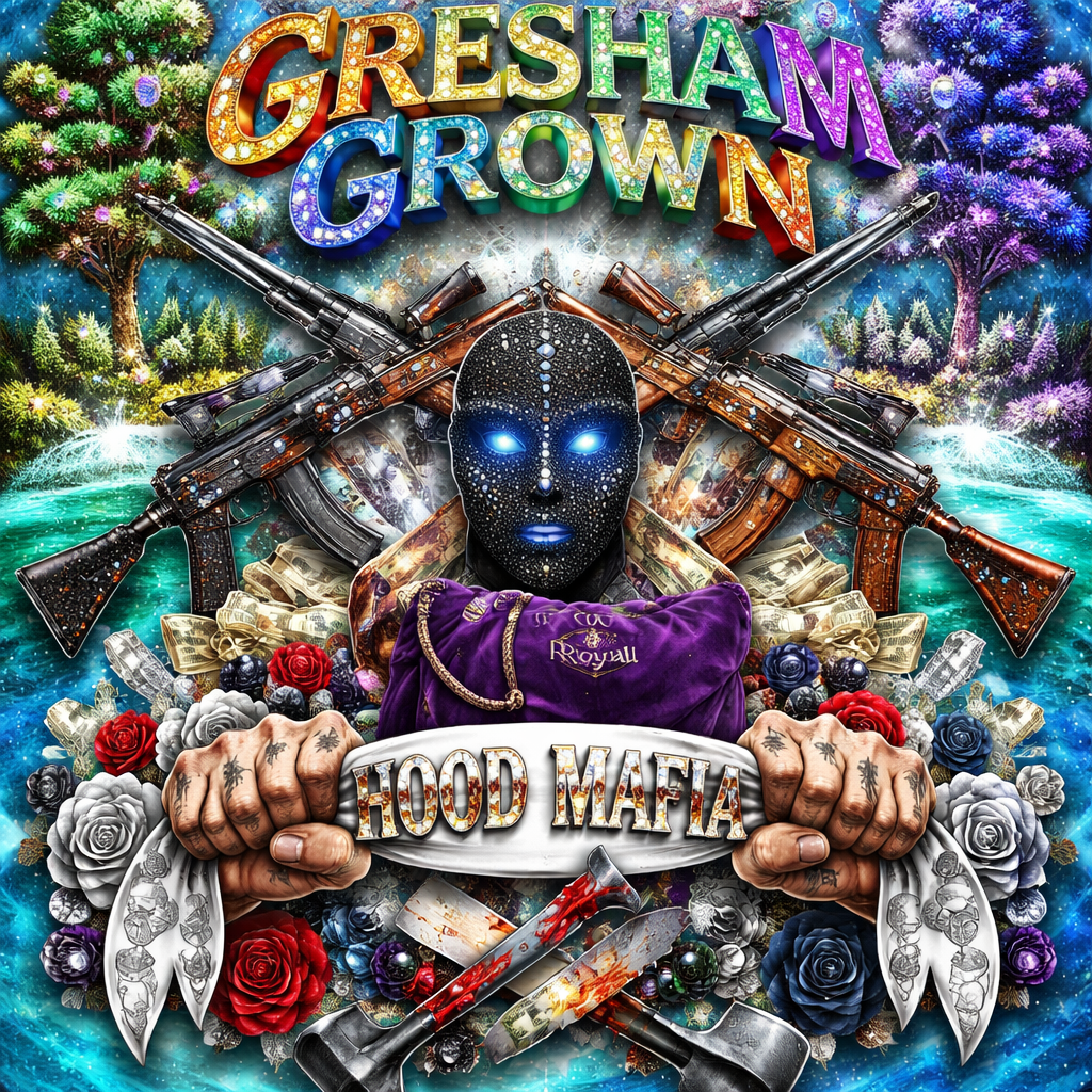Gresham Grown is rainbow colorful. with pool sticks that’s cream diamond. rifles with scope ar-15 , ak47. All them is black and brown gemstones. Crown royal half way out the bag. Background is water aqua blue with Pinecrest and sycamore tree that’s rare gemstones Color as the tree 843 sapphire blue sparkling add goon mask that’s 8d view add two fist gripping a white bandanna with the words Hood Mafia in a victory vicious horror chainsaw and axe and shovel combine effect. With roses laying between them that’s white black red. Blue purlple gray