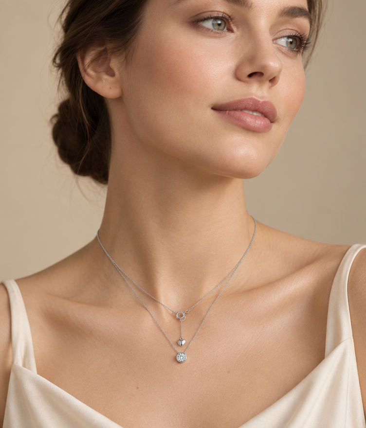 Jewelry photoshoot (worn)
Show the jewelry piece from the image worn by an elegant model in a professional editorial photograph, soft studio lighting. Reproduce the jewelry's exact design, metal, stones and details faithfully. Photorealistic, no text. Additional instructions: "Photorealistic, close-up editorial shot of an elegant young woman with soft, natural features and fair skin, her hair styled in a sleek low bun, standing with graceful posture, her chin gently lifted, eyes softly gazing off-camera with a serene, elegant expression. Soft studio lighting gently illuminates her neck and collarbone, enhancing her natural glow. She is wearing a delicate, minuscule sterling silver necklace featuring a single small solitaire diamond pendant, resting naturally at the base of her throat. She is not wearing any earrings. Minimalist warm beige studio backdrop, shallow depth of field, sharp focus on the necklace and skin texture, soft bokeh elsewhere. 8k resolution, cinematic quality, luxury jewelry campaign aesthetic. Make sure the necklace chain stays as it is in the picture, meaning do not add any stones to it.
Jewelry scale note: the solitaire pendant must be small, delicate and realistically proportioned — not oversized or exaggerated, true to how fine jewelry actually looks in real life.".