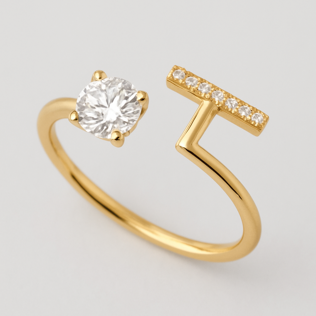 Disconnected pave t bar ring with 1 carat diamond on one side