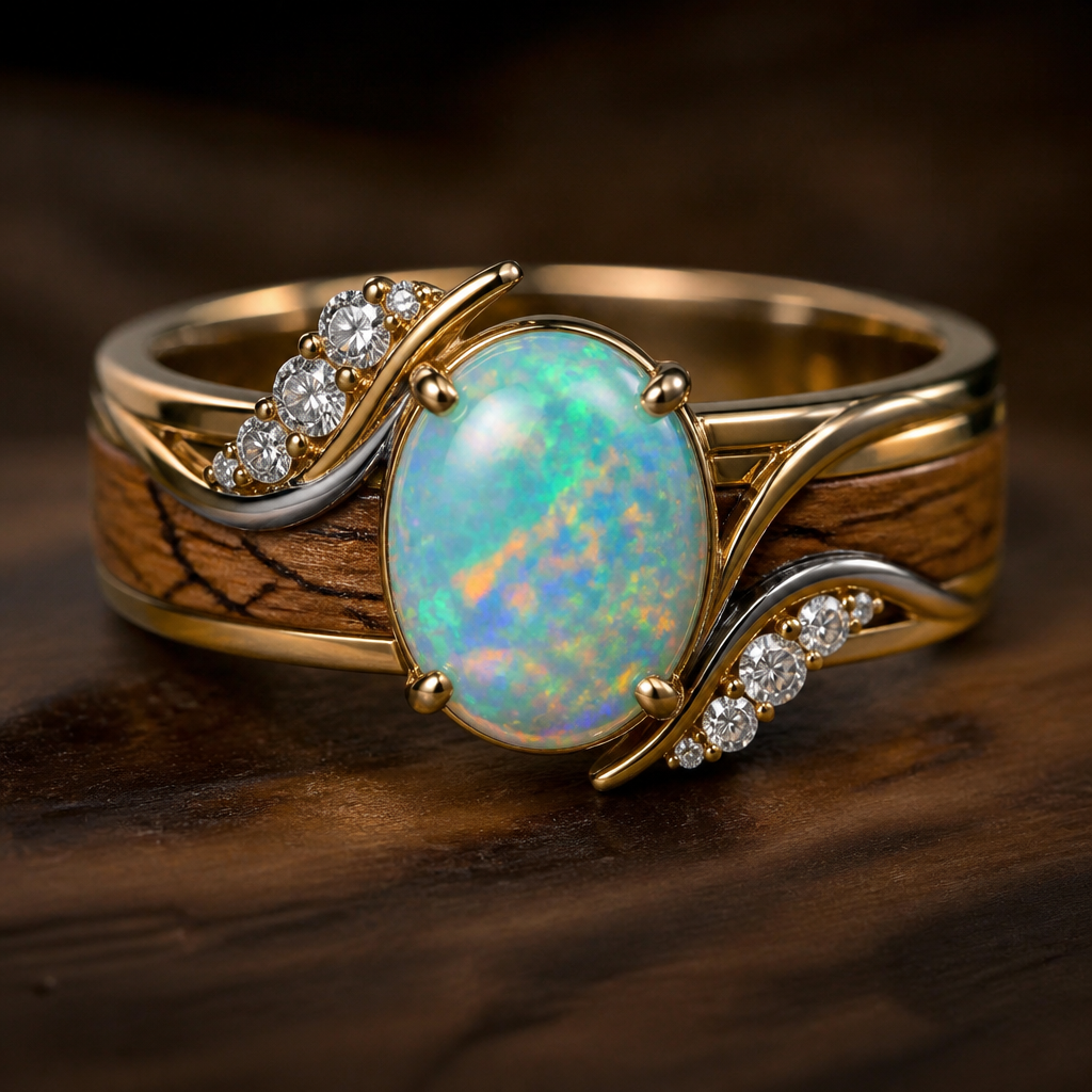 Engagement ring with spralted oak with a medium stain sandwiched between gold with a vivid 5ct oval opal running along the ring with diamonds coming from opposite corners swirling around the stone
photorealistic jewelry design, Engagement ring with spralted oak with a medium stain sandwiched between gold with a vivid 5ct oval opal running along the ring with diamonds coming from opposite corners swirling around the stone, mixed_metal style, just the design no text