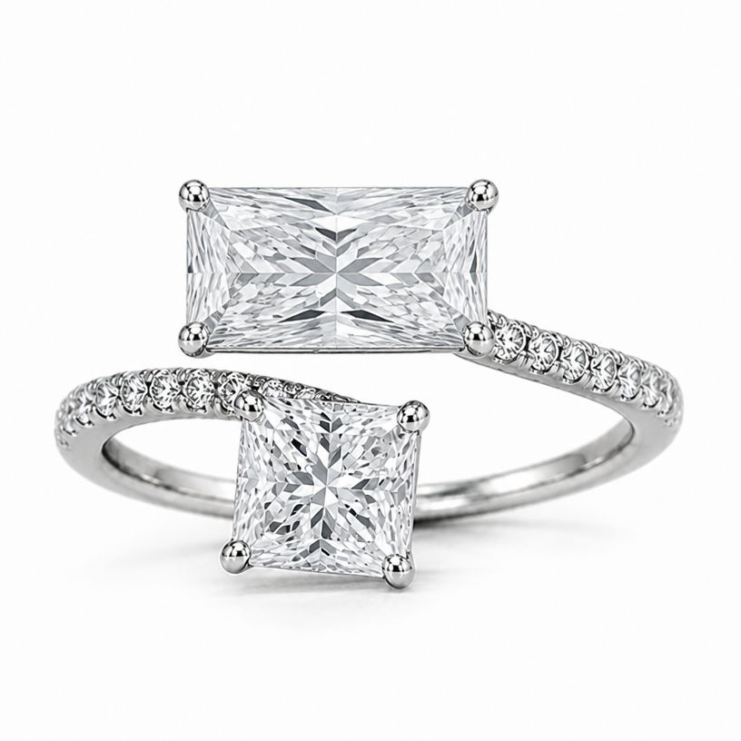 Make the elongated radiant cut diamond go east to west and a rectangular shape
edit the attached jewelry design with these instructions: Make the elongated radiant cut diamond go east to west and a rectangular shape. keep it photorealistic, just the design no text