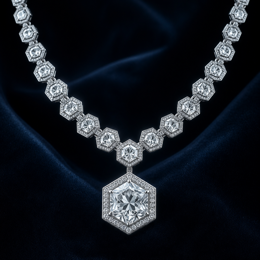 A luxury women's necklace made of silver with diamond stones. a necklace with a hexagon chain design and diamond inside with a big hexagon shape diamond as the pendant
photorealistic jewelry design, A luxury women's necklace made of silver with diamond stones. a necklace with a hexagon chain design and diamond inside with a big hexagon shape diamond as the pendant, luxury style, just the design no text