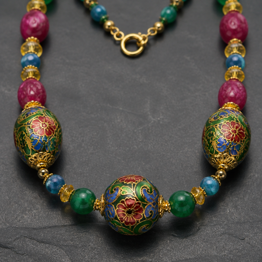 "Large cloisonne center bead 20mm round gold green red blue, two egg shapped cloisonne 25mm x 15 gold green red blue, round 15mm emerald green beads, carved rough cut ruby egg shapped 14mm x 10mm beads, blue apatite 8mm round beads, faceted rondel shapped citrine 8mm x 5mm, gold findings " necklace
photorealistic jewelry design, "Large cloisonne center bead 20mm round gold green red blue, two egg shapped cloisonne 25mm x 15 gold green red blue, round 15mm emerald green beads, carved rough cut ruby egg shapped 14mm x 10mm beads, blue apatite 8mm round beads, faceted rondel shapped citrine 8mm x 5mm, gold findings " necklace , bohemian style, just the design no text