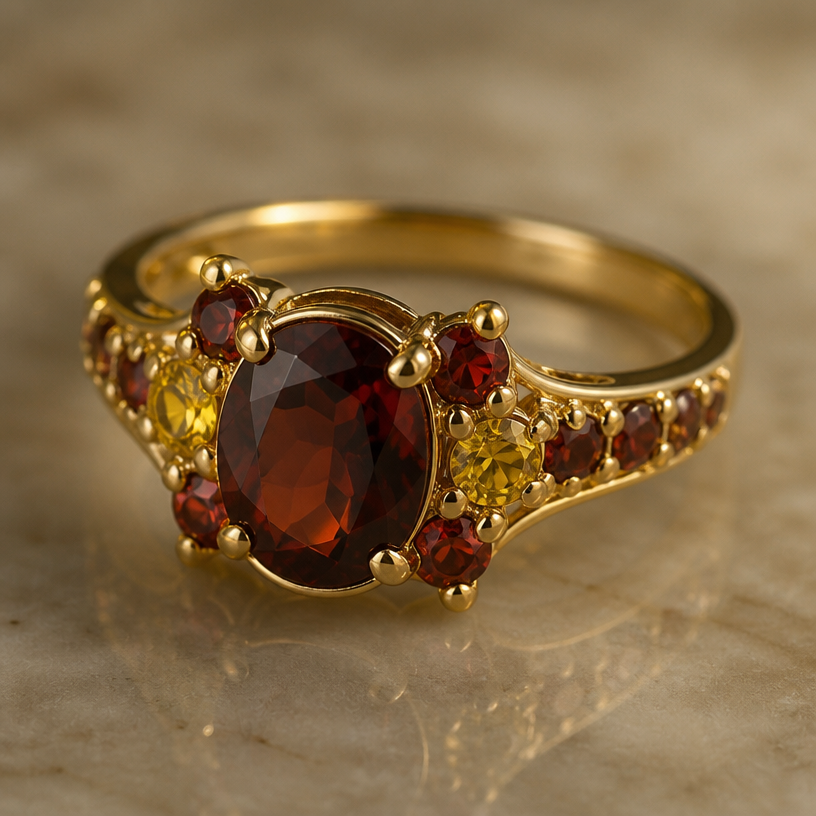 A women's ring made of gold with garnet and topaz stones. large Garnet with small garnets and yellow stones along the band and the corners of the garnets
using the attached image as a visual reference, create A women's ring made of gold with garnet and topaz stones. large Garnet with small garnets and yellow stones along the band and the corners of the garnets. photorealistic, just the design no text