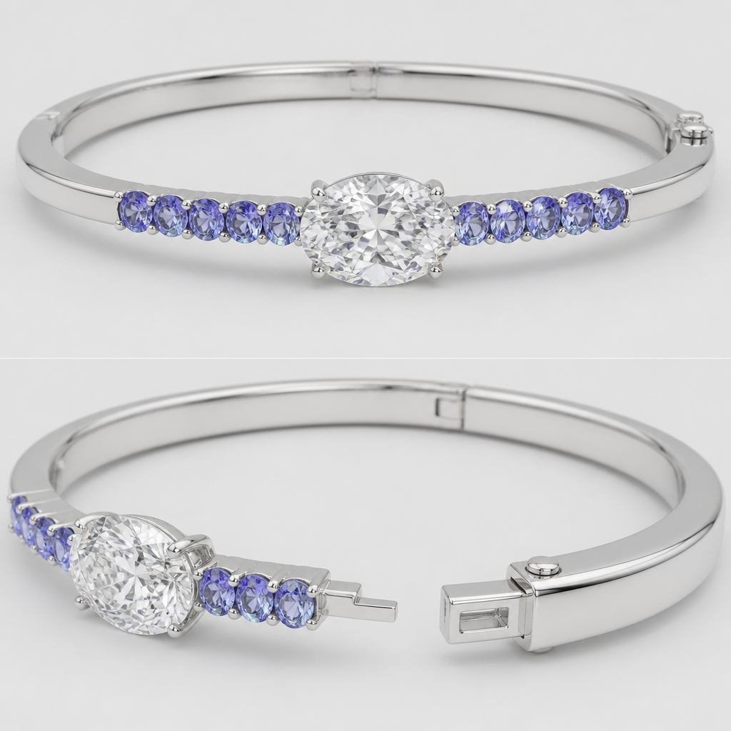 A 7.5 inch bracelet bangle that has a hinge to open. Bracelet is made from sterling silver. In the center of the bracelet on top there is a 5.5 ct oval diamond in east west horizontal placement. On either side of the diamond, there are 5-8 (1mm) oval tanzanites on the bracelet
photorealistic jewelry design, A 7.5 inch bracelet bangle that has a hinge to open. Bracelet is made from sterling silver. In the center of the bracelet on top there is a 5.5 ct oval diamond in east west horizontal placement. On either side of the diamond, there are 5-8 (1mm) oval tanzanites on the bracelet , modern style, just the design no text