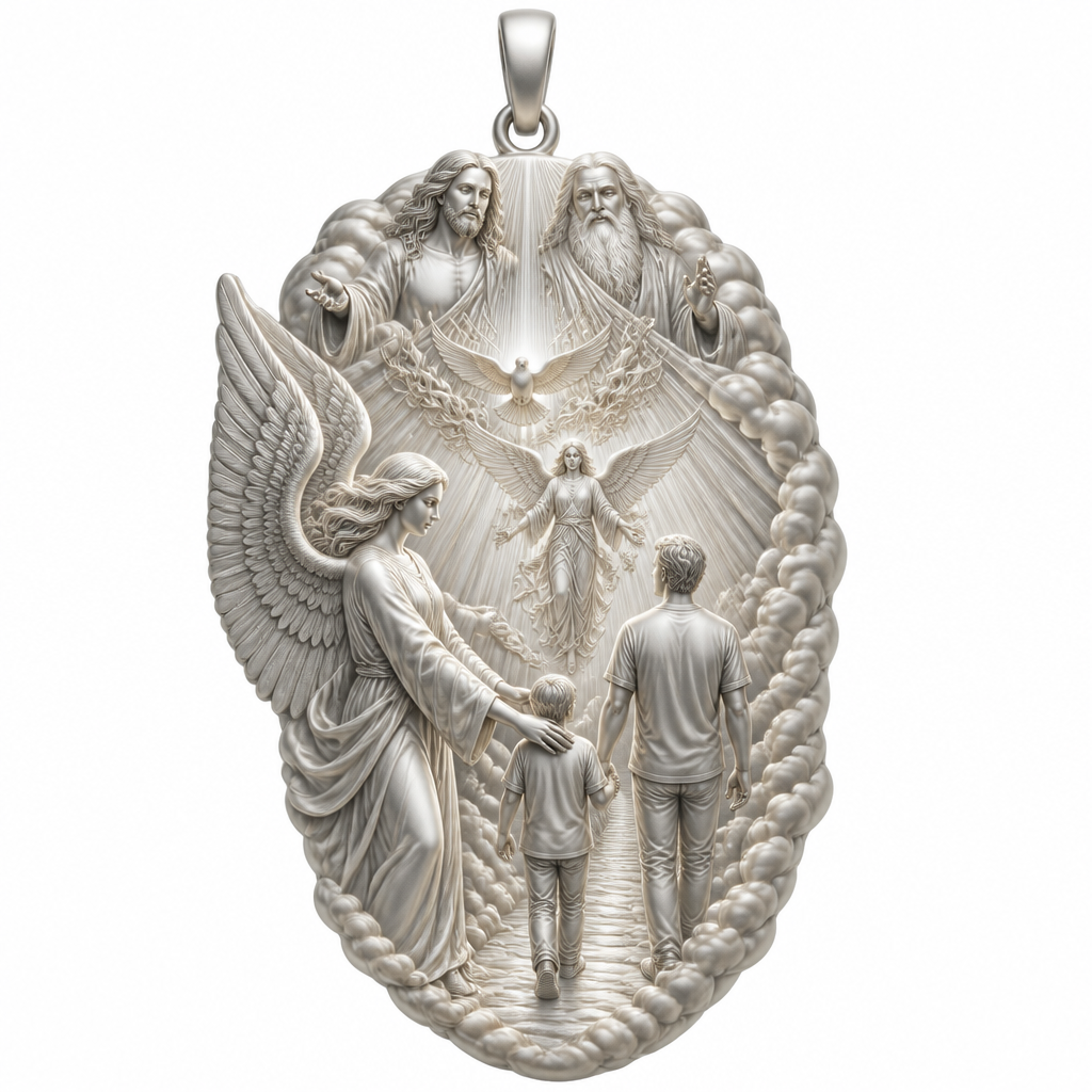 A modern women's pendant made of silver suitable for festival. An extraordinary excellent beautiful delicate and elegant pendant with the Guardian Angel with a beautiful delicate and elegant face, with long hair, with big wings flying, with a beautiful delicate elegant and with beautiful curves at her body, with a beautiful delicate and elegant tunic holding a child and an adult with its hands protecting them and guiding them on the way of the Holy Trinity. Sawing the way of the Holy Trinity in front of them God the Father, God the Son and God the Holy Spirit, the Holy Spirit to be as an Angel with a dove under the Angel surrounded by tongues of fire radiating light to the persons and the Guardian Angel, without the surrounding metals of the pendant. All the persons and the surrounding area to be 3D like statues. With less metal of the pendant and more accurate persons and only the persons and the clouds and the rayes of light. Less metal at the pendant and more 3D persons to be seen all the persons 3D. The persons to be sawn going straight on the way to the Holy Trinity. Part of the face of the persons to be seen.